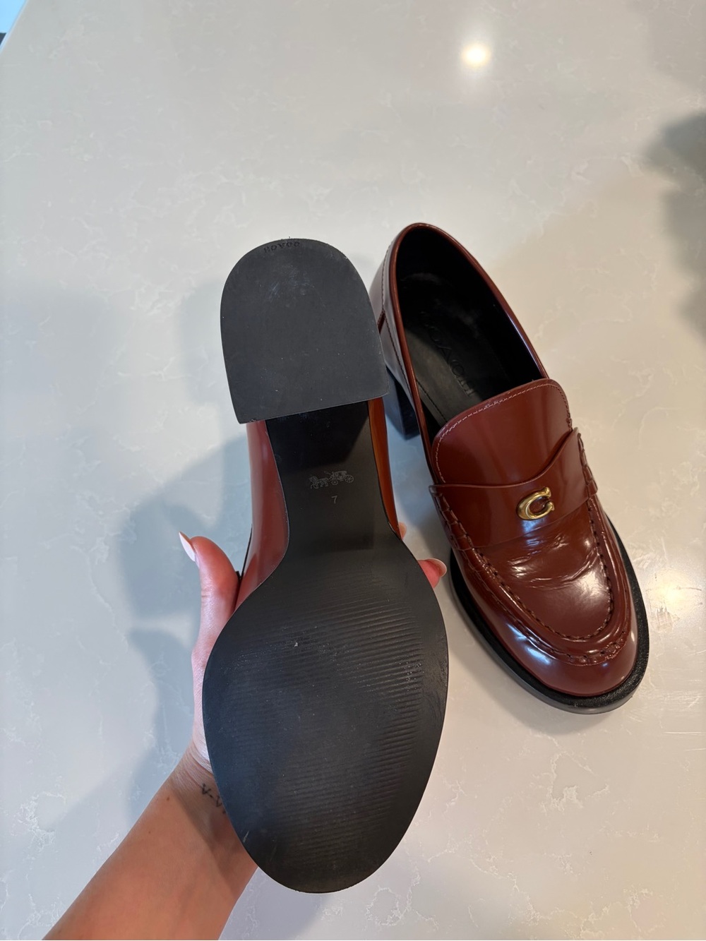 Coach Natalie womens brown faux Leather Heeled pump Loafers with Gold 'C' Accent - Picture 12 of 13